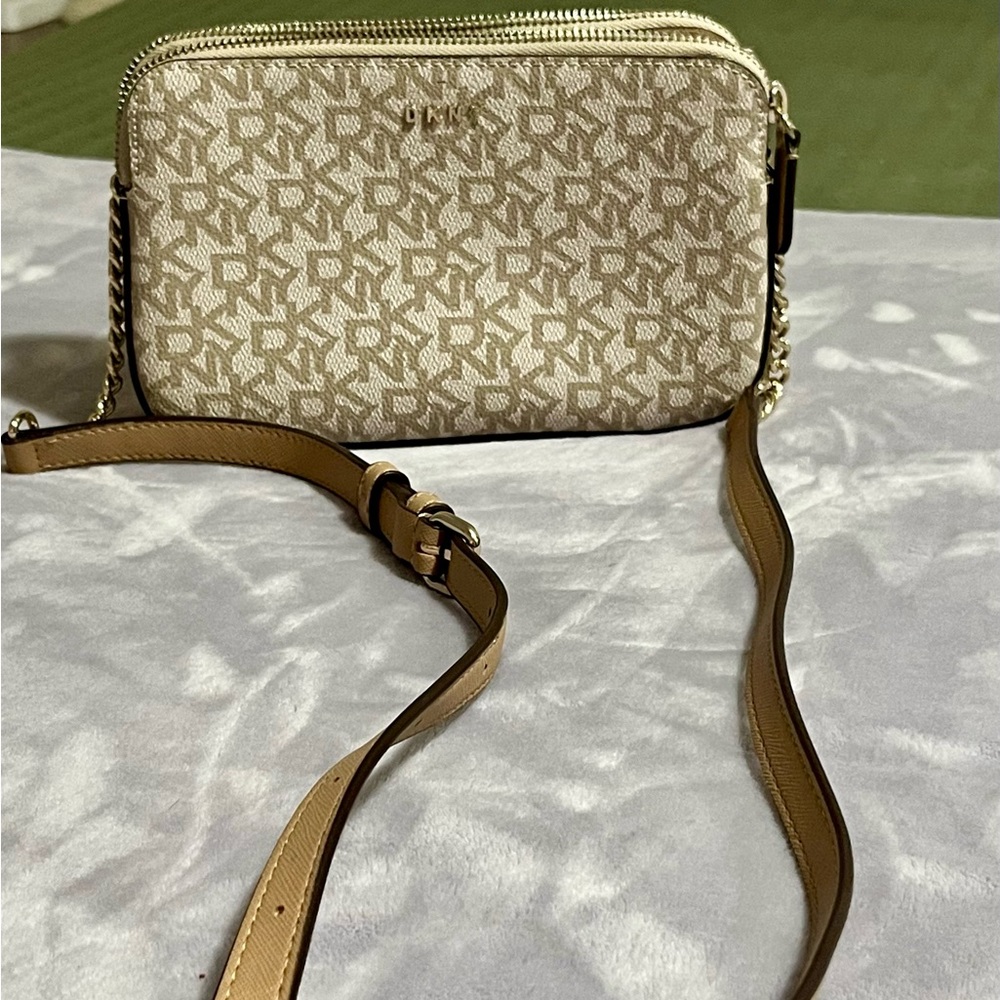 Chic DKNY Monogram Crossbody Bag in Beige
